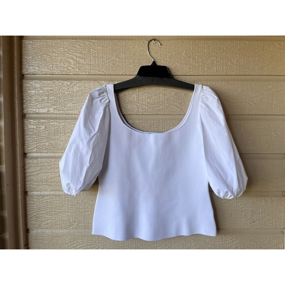 Theory women Glossed Scoop Neck Knit Top size Large White Puff Short Sleeve $345 - Picture 6 of 9